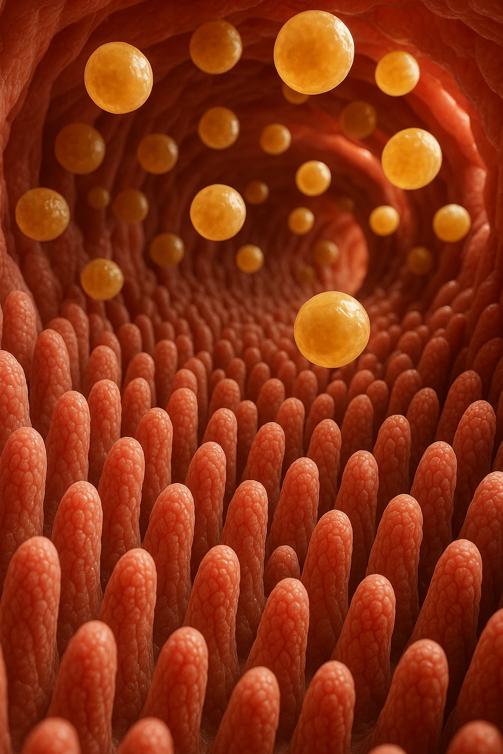 VILLI INTESTINALI CON CELLULE DI GRASSO CHE CI FLUTTUANO SOPRA, INTERNO REALISTICO DI UN INTESTINO, IPERREALISTICO 4K emoji