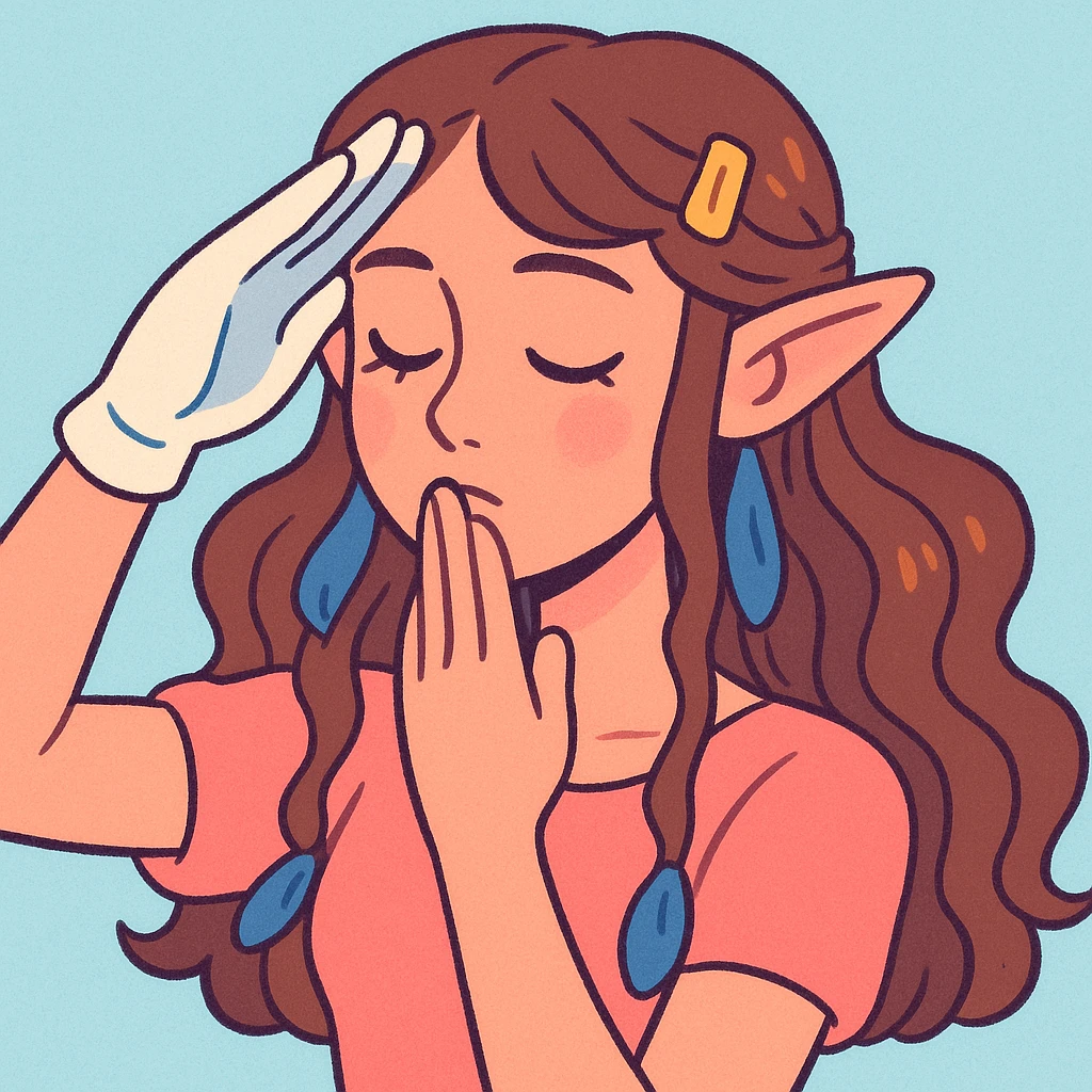 soft pastel digital portrait of a young woman with long wavy brown hair, golden clips, blue ribbons, textured light blue background, pointy ears, closed eyes, gentle blush, subtle glow, right hand in white glove raised in military salute, serene contemplative expression, gentle touch to lips emphasizing intimacy and vulnerability emoji