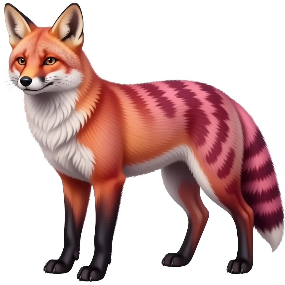 Realistic Hyper-realistic Feral Rare Fantasy dark pastel gradient-pink-red-orange Vernid-Fionbri-species by LiLaiRa, random markings, full body, 4 legs, thin tail emoji