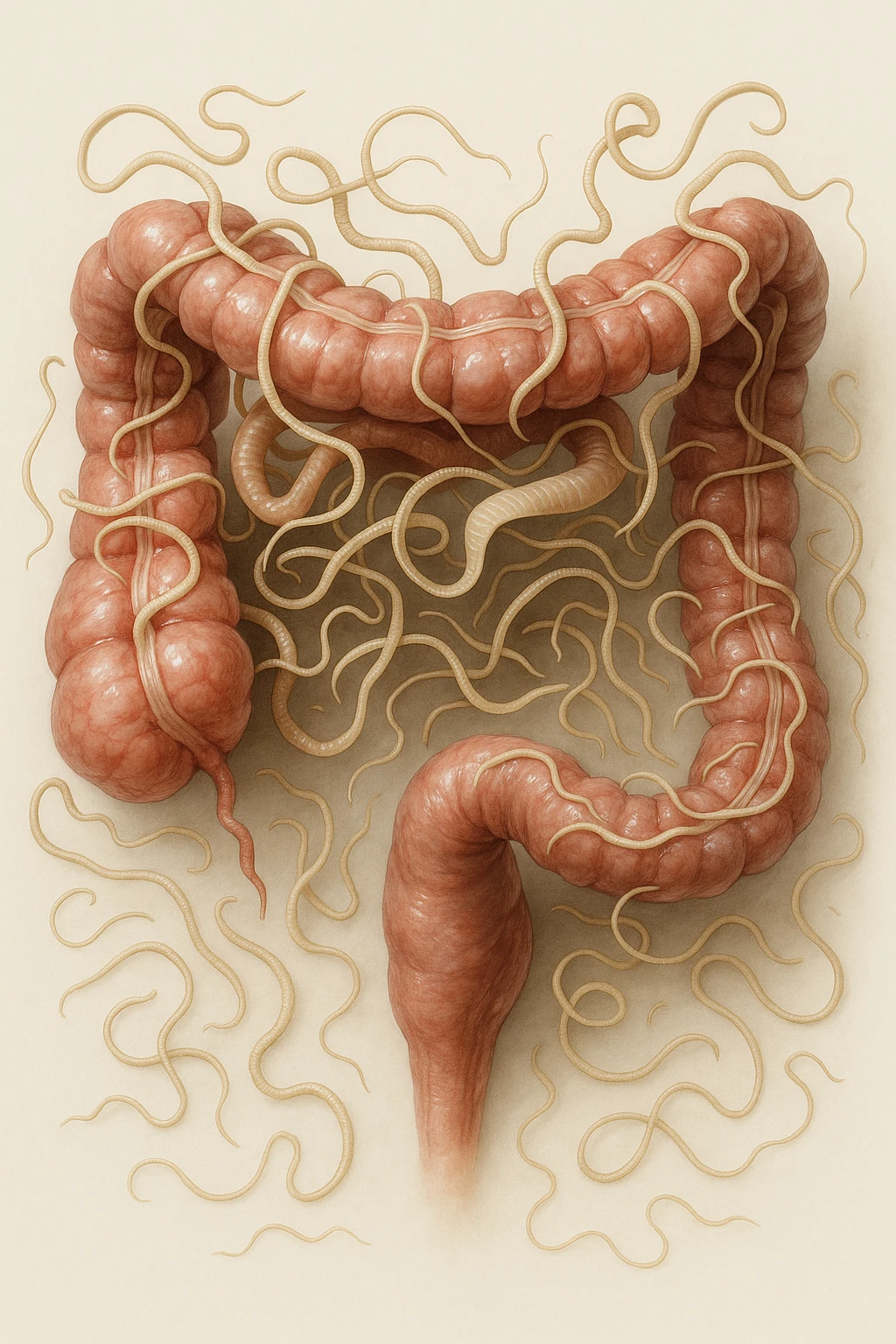 intestino umano anatomico con parassiti tipo la tenia sopra e intorno, sfondo chiaro neutro, iperrealistico 4k emoji