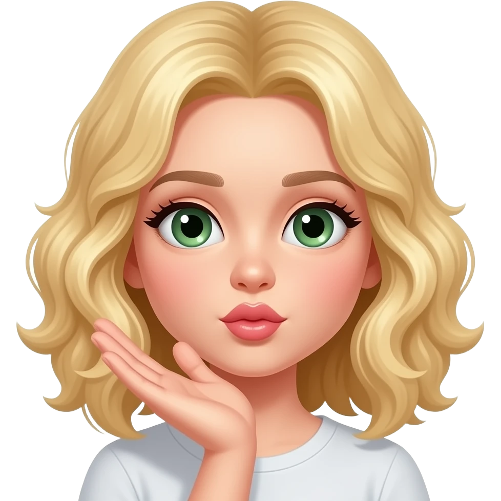 Chica rubia de pelo rizado y ojos verdes oscuris manda un beso con la mano emoji