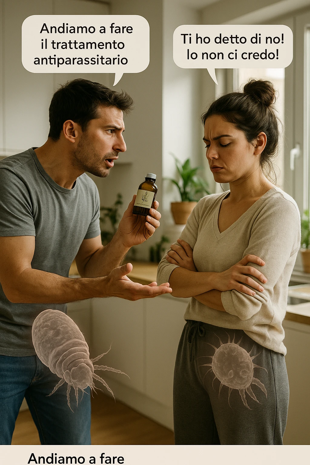 A highly realistic, cinematic photo of a young couple in their early 30s having an argument in a bright modern kitchen. The man, athletic build, wearing a casual T-shirt and jeans, is speaking firmly with a raised hand holding a small amber glass bottle labeled with a subtle herbal symbol, saying 'Andiamo a fare il trattamento antiparassitario' with a determined expression. The woman, with long dark hair tied in a messy bun, casual home outfit, crosses her arms with an angry, defensive expression, replying 'Ti ho detto di no! Io non ci credo!' while slightly turning away. Tension is visible in their body language, with the man leaning forward trying to explain and the woman leaning back, her eyebrows furrowed. Around them, subtle ghostly overlays of microscopic parasites are faintly visible near their abdominal areas, symbolizing the hidden reason for the argument. The kitchen is bright and modern with plants and natural light, contrasting the emotional tension. The style is hyperrealistic with warm tones and shallow depth of field focusing on their facial expressions, illustrating the conflict between belief in natural treatments and skepticism within the couple regarding hidden parasitic infections. in italiano emoji