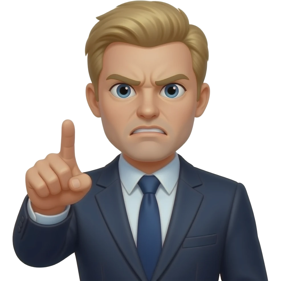 Emoji de alguien de un abogado con ropa elegante y con una corbata de azul oscuro enojado con cabello rubio una expresión cansada y enojada y a señalando emoji