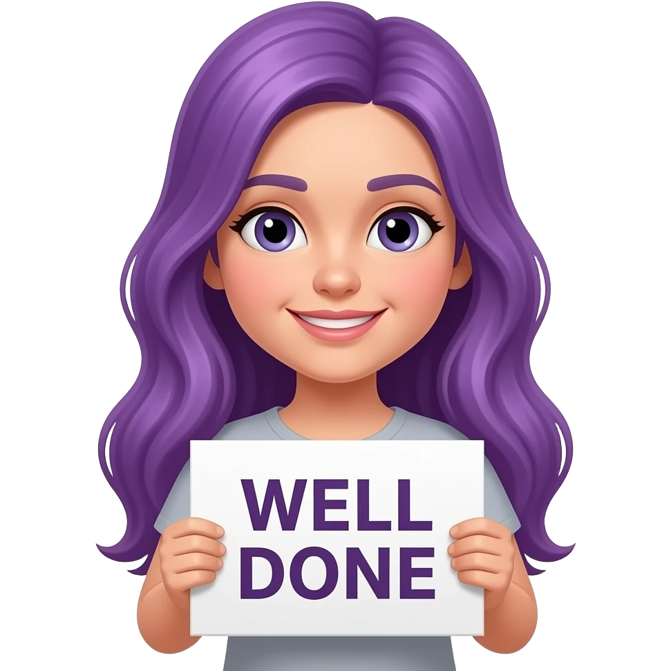 girl with long purple hair with a WELL DONE. sign emoji