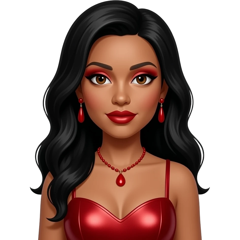Terry Ellis from En Vogue with dark brown eyes, long black hair, red eyeshadow and lipstick, red metallic sweetheart dress, red necklace and earrings emoji