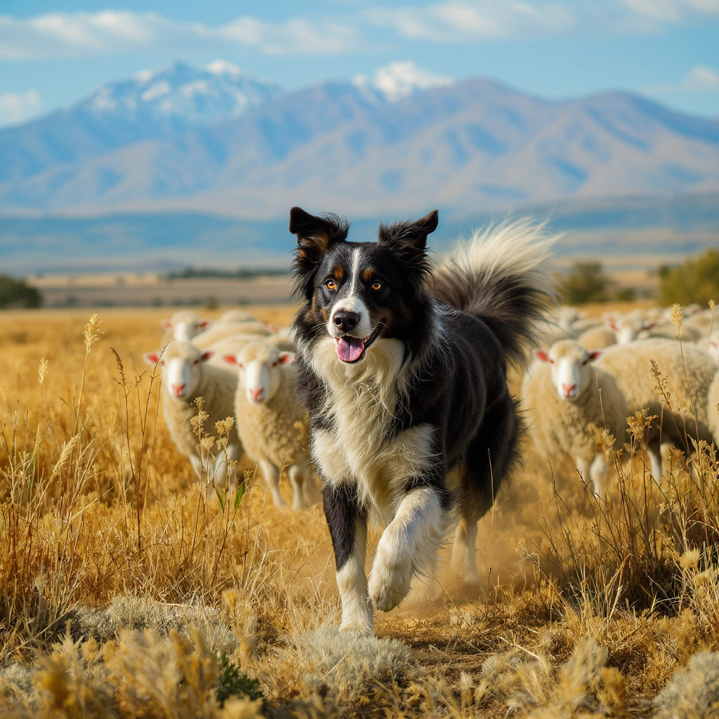 Border Collie in Argentinian countryside, photorealistic, herding sheep, vivid landscape emoji
