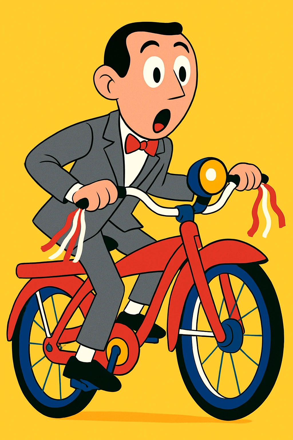 Pee-wee Herman on a red bicycle, surprised face, streamers on handlebars, vibrant toon style emoji