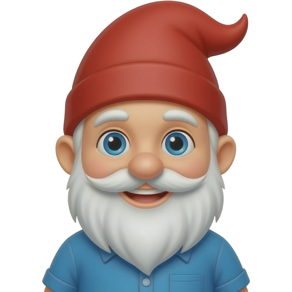 A smiling Gnome with a white beard , blue eye, blue shirt and a red pointed hair emoji