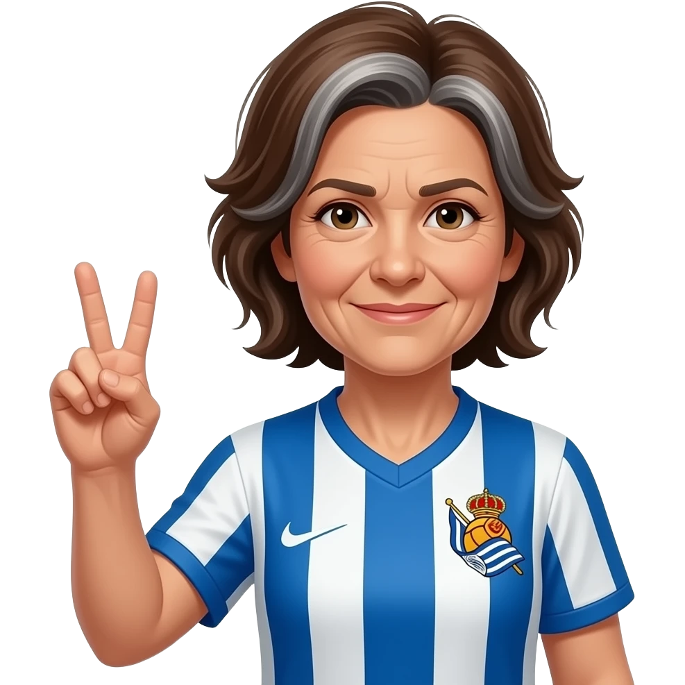 hazme uno igual de una chica de 50 años con pelo moreno un poco canoso (pocas canas) y melena corta. con la camiseta de la real sociedad. y con alguna arrugita, solo alguna. la raya del pelo en el centro... y el pelo un poco alborotado. que levante la mano y tenga los dos dedos en forma de victoria emoji