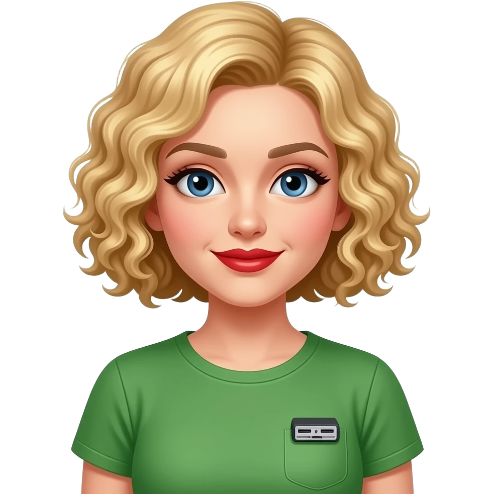 short blonde tight curly hair bob with a USB and DVD player in a green short sleeve shirt and red lipstick emoji