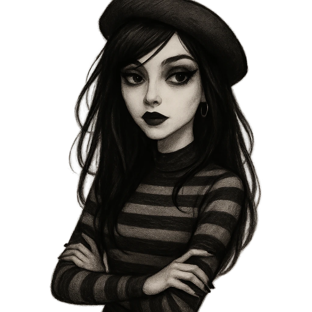 emo girl with heart-shaped face, beret, striped sweater, mysterious and elegant emoji