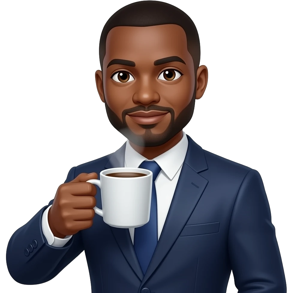 BALD BLACK MAN IN A SUIT HOLDING A CUP OF COFEE emoji