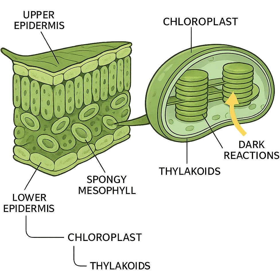 A highly scientific, detailed cross-section of a leaf showing chloroplasts, thylakoids, and the light and dark reactions, with scientific labels, no background, transparent background emoji