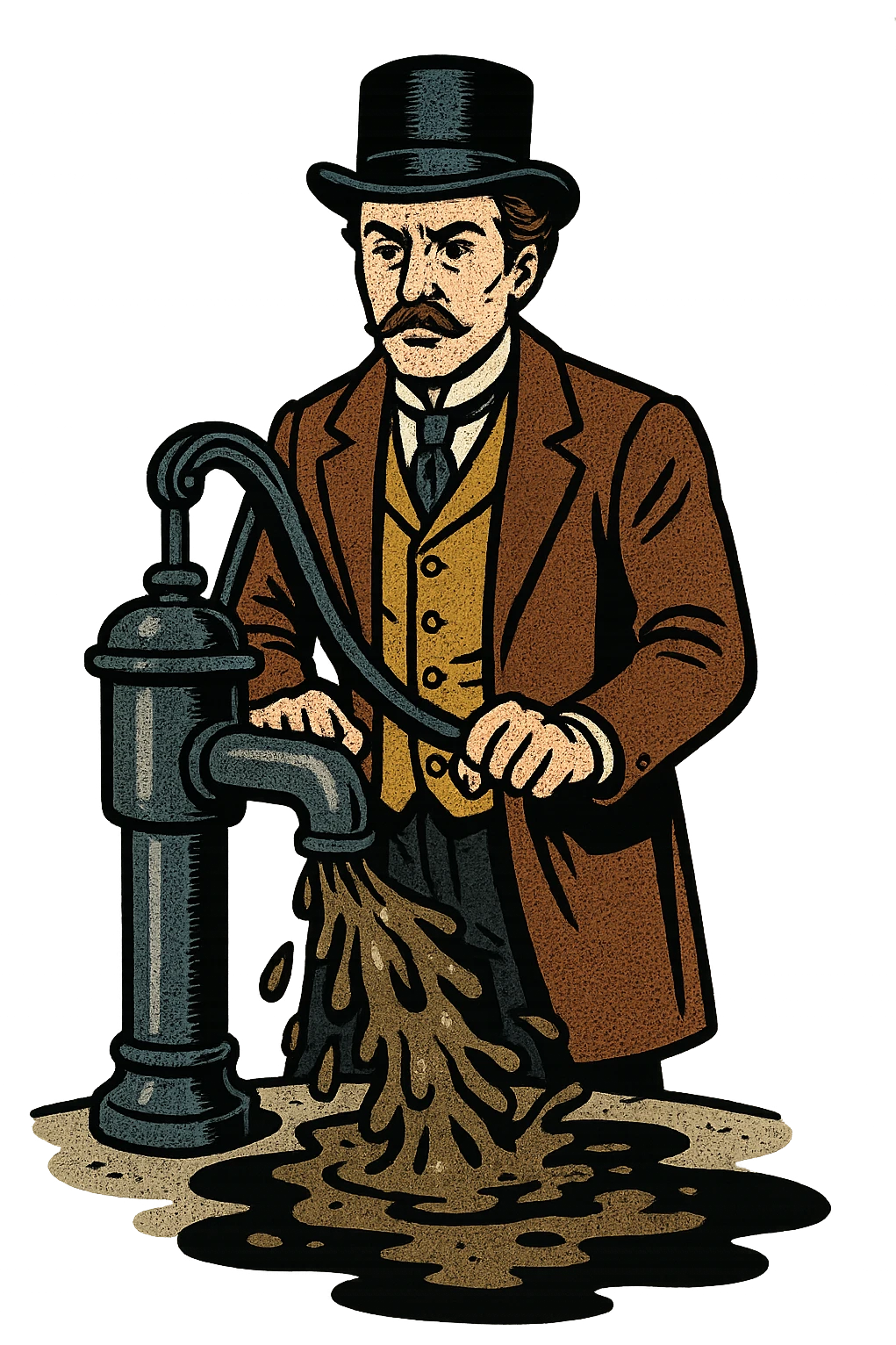 A victorian man standing behind a broken water pump with dirty water emoji
