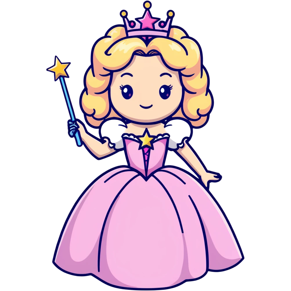 Glinda the Good Witch with long blonde curly hair, sparkling tiara, puffy pink ballgown, and magic wand with star emoji