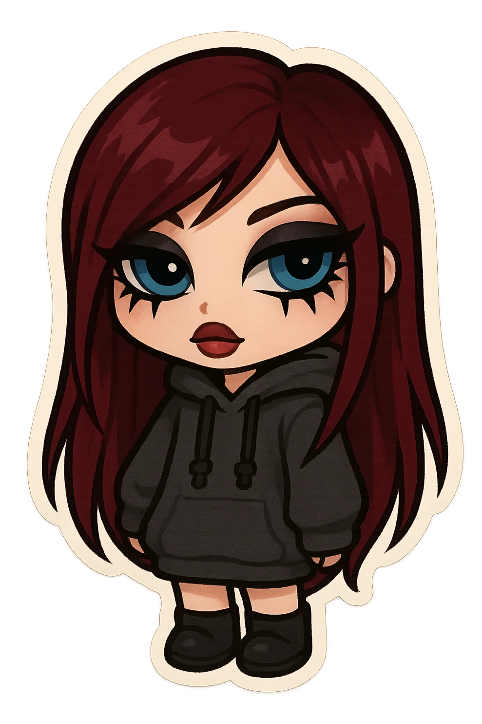 bratz-inspired emo girl, burgundy long hair, pale skin, blue eyes, dramatic eyeliner, oversized hoodie, chibi sticker style emoji