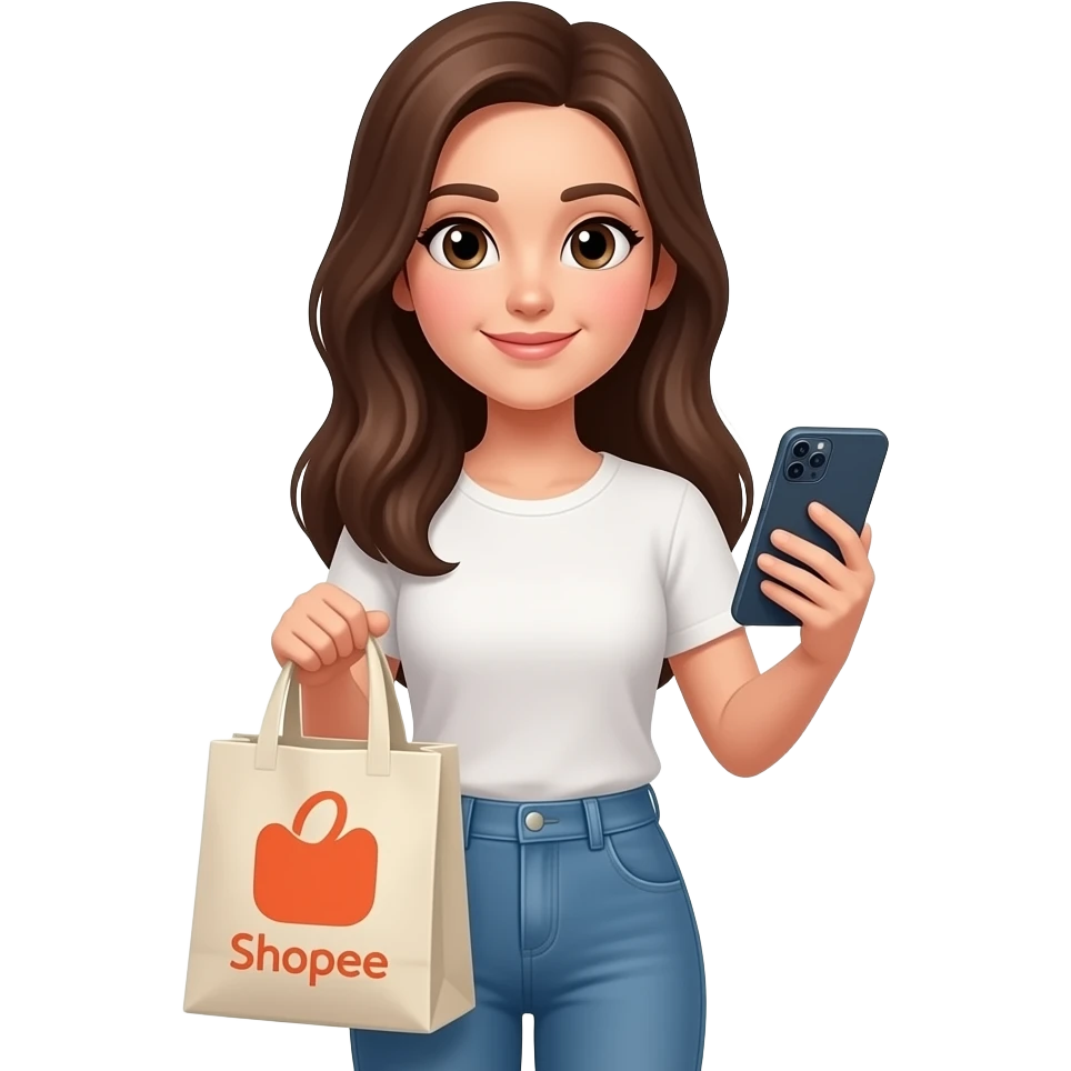 Mulher de cabelo liso castanho comprido make leve segurando uma sacola da shopee e um celular emoji