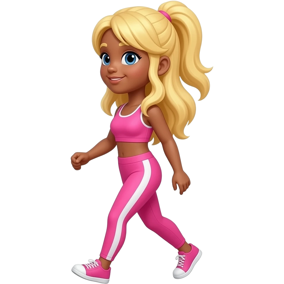Apple emoji Long Blonde haired girl with tan walking left to right in pink activewear aesthetic soft lighting, simple emoji
