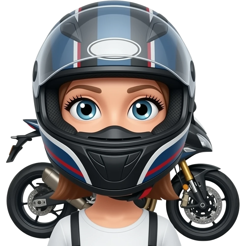 mulher com um capacete de mota que so aparece os seus olhos porem aberto e que se veja os cílios bem grandes e a mota ao lado emoji
