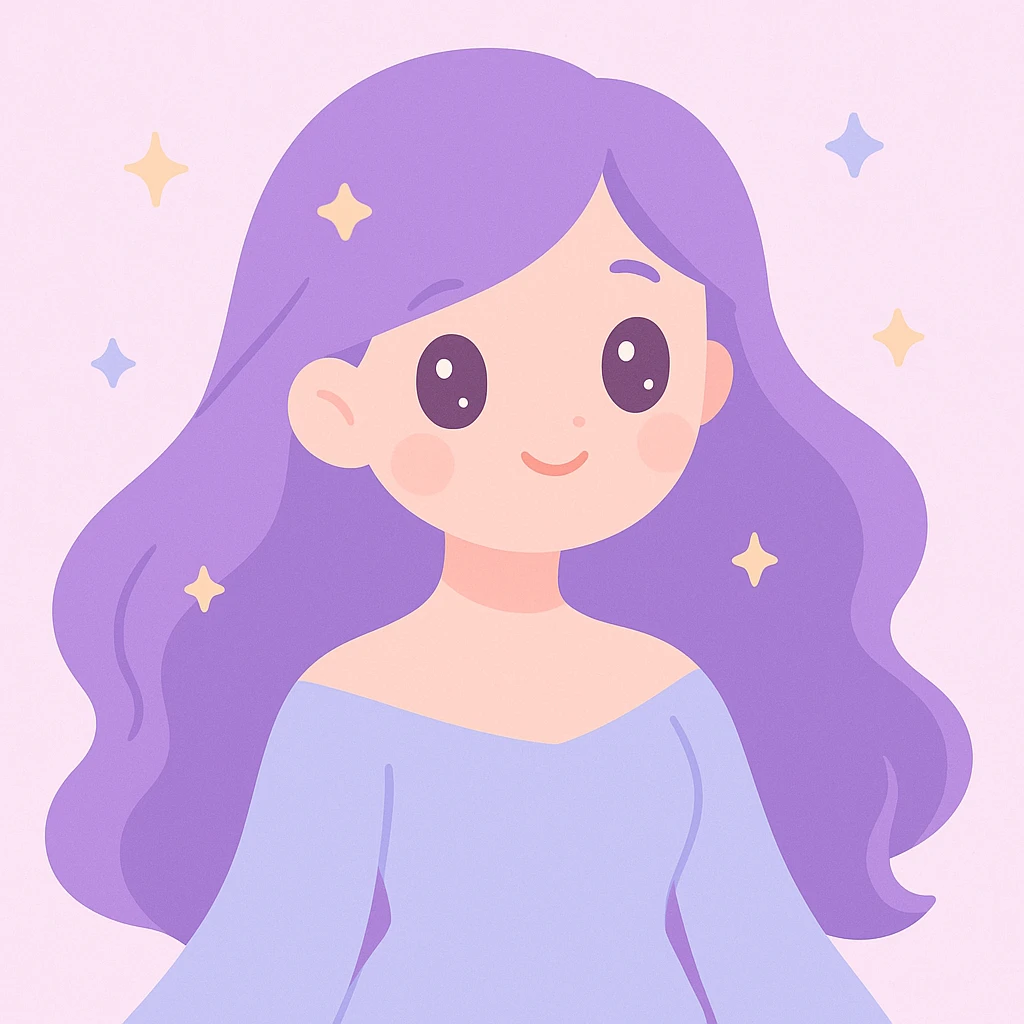 lady with long flowing purple hair, fantasy vibe, soft expression, ethereal style emoji