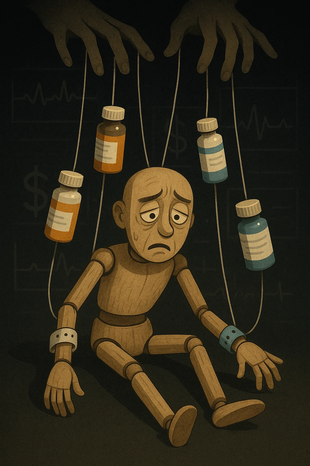 a marionette puppet with hospital bracelets and medication bottles as strings is controlled by unseen hands from above. The puppet’s face shows confusion and fatigue, representing the feeling of being managed by an invisible system. The background is dark, with faint images of medical charts and dollar signs. in italiano emoji