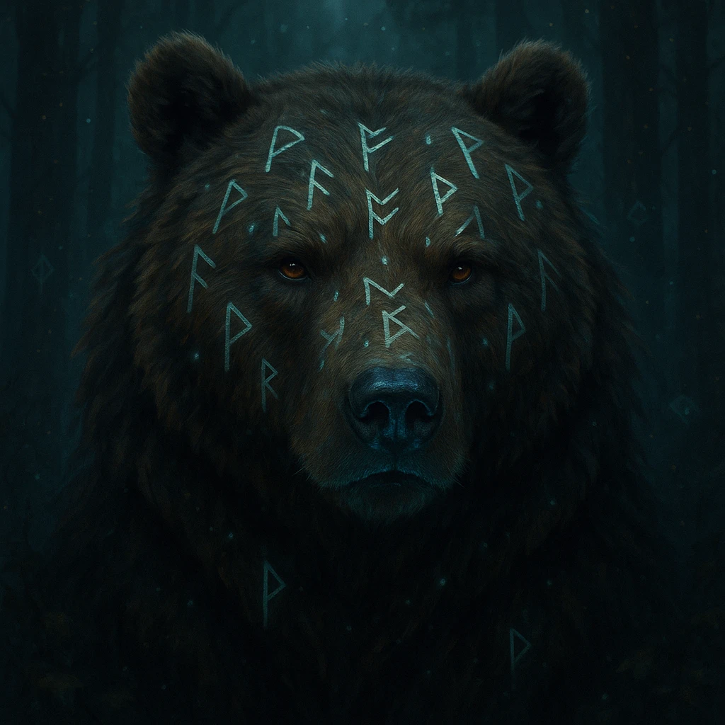 a bear's head with runes carved into fur, mystical atmosphere emoji