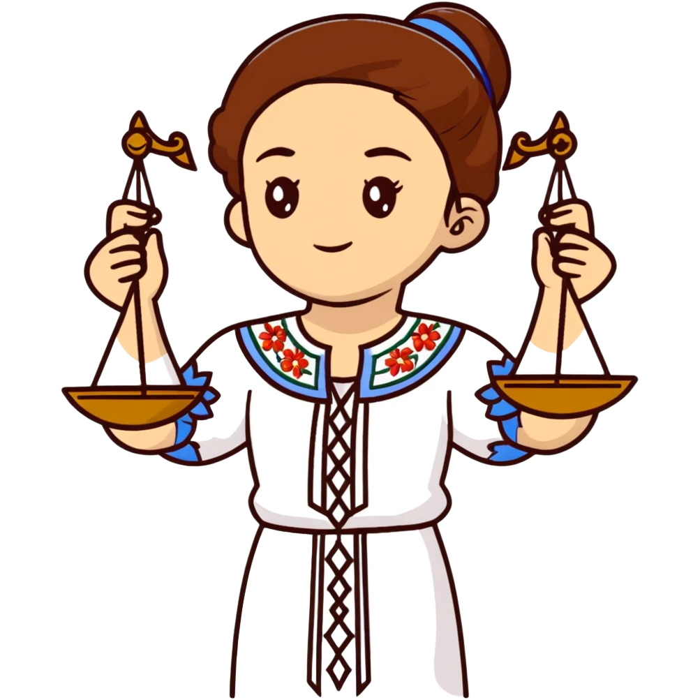 Ukrainian girl with brown hair wearing traditional embroidered shirt (vyshyvanka) holding scales of justice in her hand emoji
