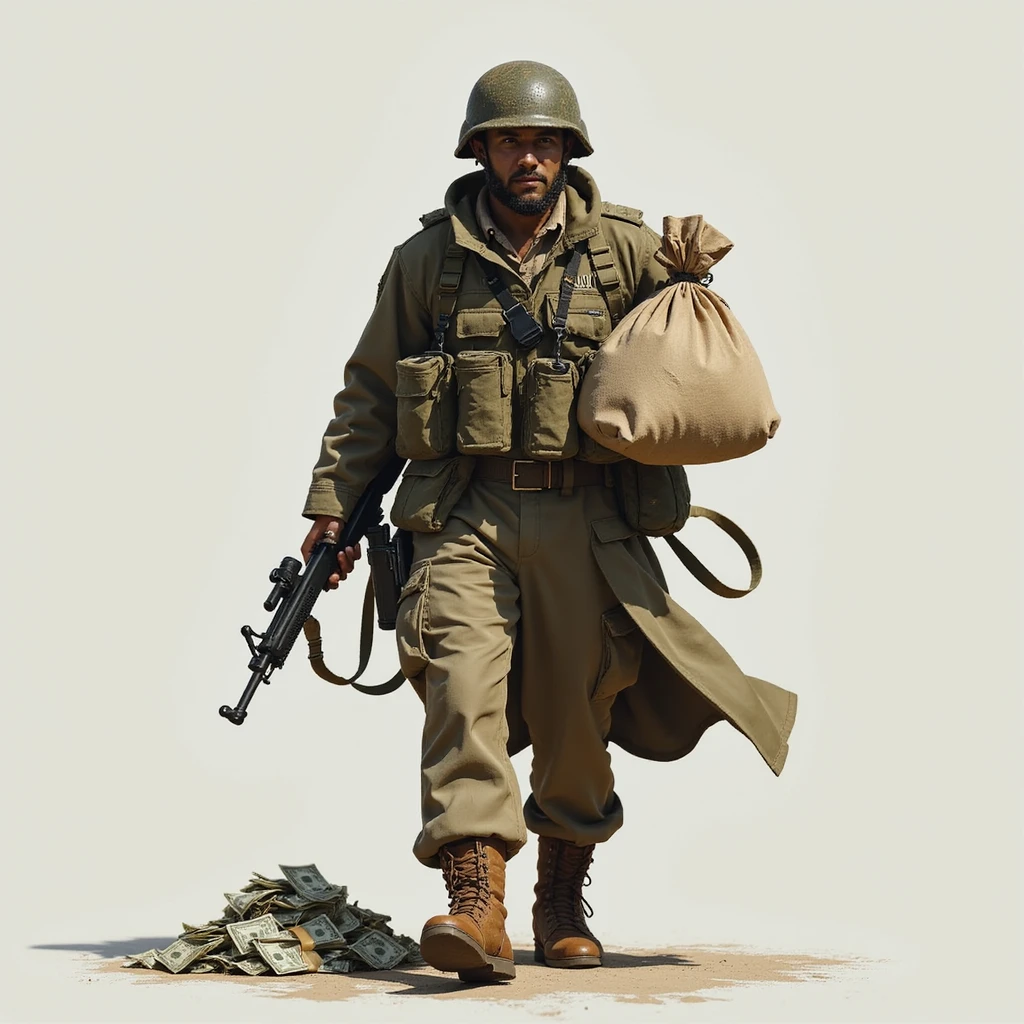 realistic detailed soldier walking and carrying a bag of cash emoji