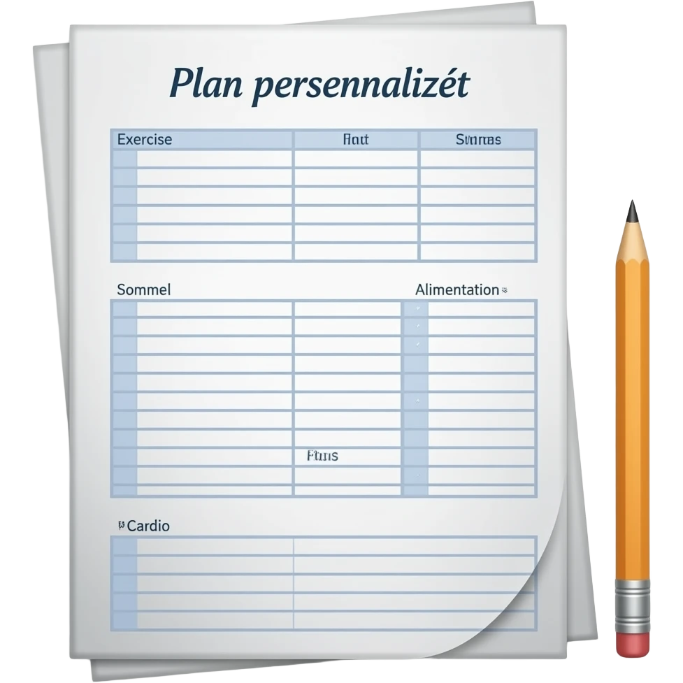 A gym workout plan, with a pencil in the corner and titled "Plan personnalisé" should clearly state the following: 
Exercice
Alimentation
Sommeil
Poids
Cardio emoji