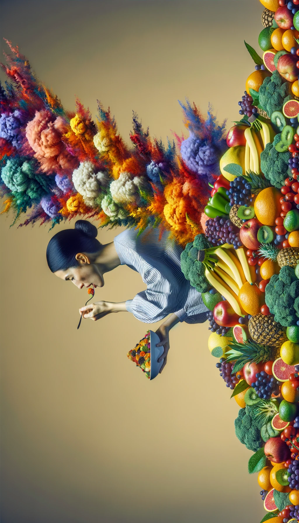 donna che mangia una montagna di frutta e verdura, SFONDO molto CHIARO NEUTRO, colori realistici, iperrealistico 4k emoji