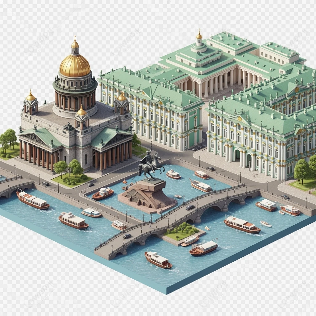 Isometric illustration of Saint Petersburg with the Saint Isaac’s Cathedral, the photorealistic Winter Palace, and the Bronze Horseman statue, toy boats and bridges, in pastel miniature diorama style, transparent background emoji