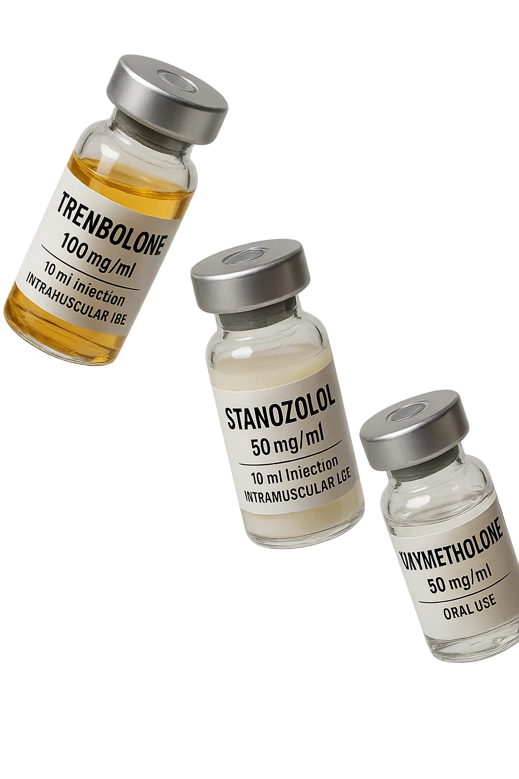 FIALE MEDICHE DI Trenbolone, stanozololo, oxymetholone FLUTTUANO IN ARIA, iperrealistico 4k, isolato su sfondo bianco emoji