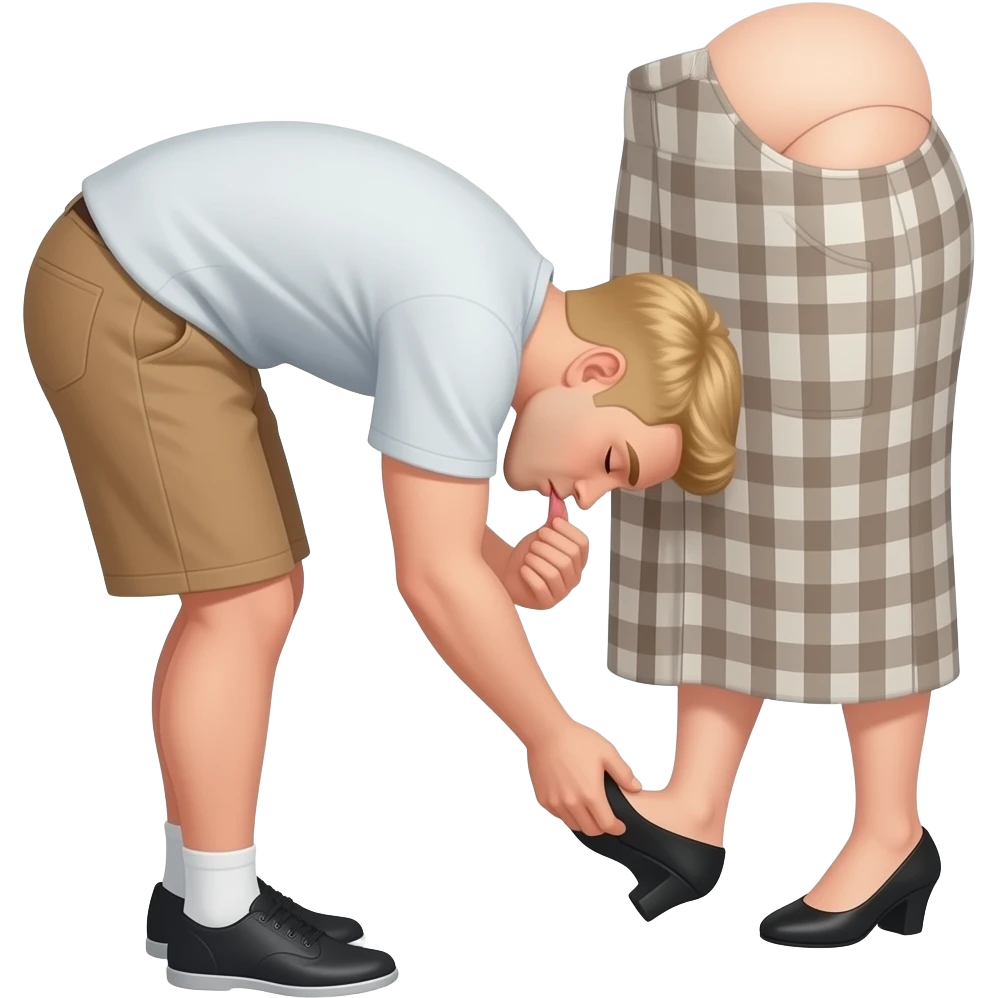 Blonde man with closed eyes bowed, licking the woman feet emoji
