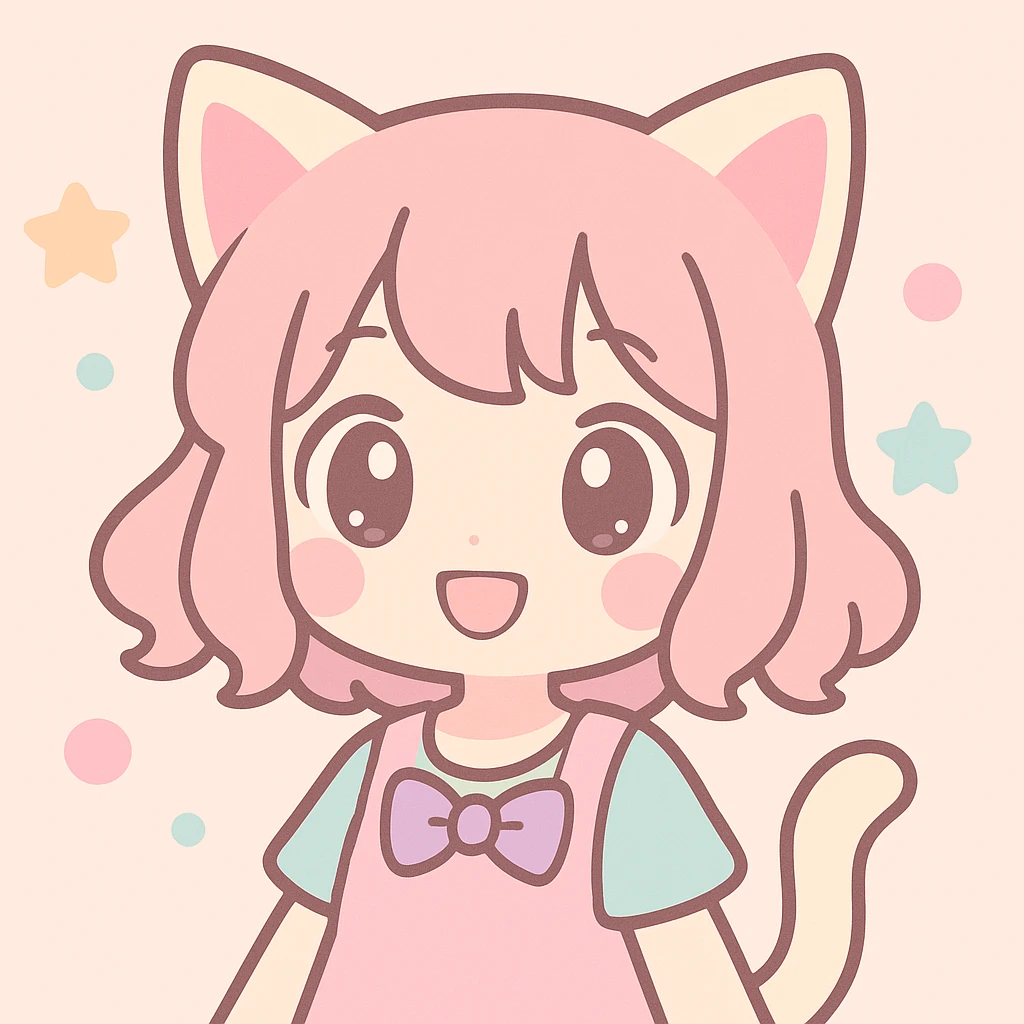 cat girl, anime style, extremely cute, big sparkling eyes, fluffy cat ears, playful smile, soft pastel colors, kawaii aesthetic emoji