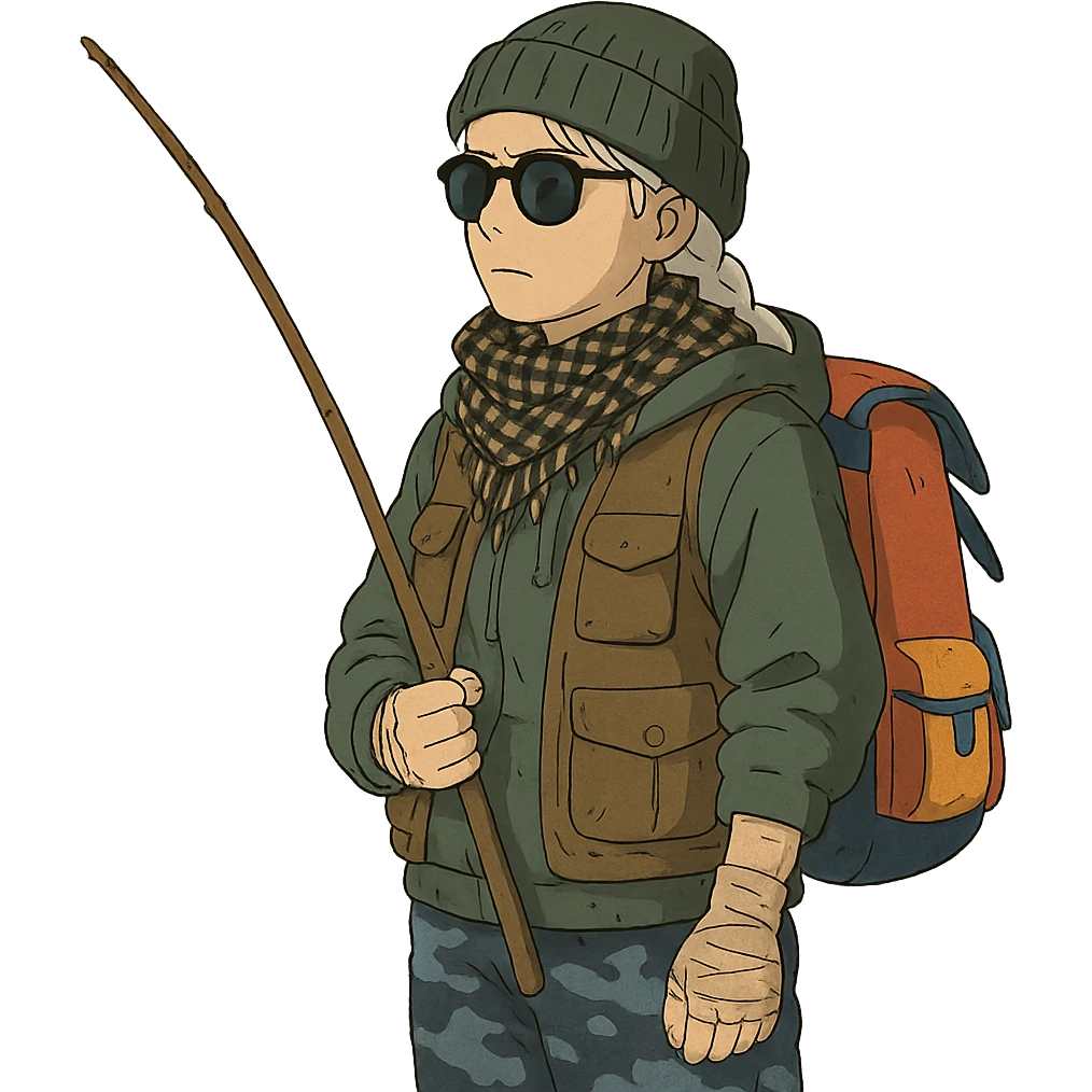 1 female, long white braid, knit cap, dark sunglasses, shemegh neckwrap, fishing vest, vibrant shool backpack, drab hoodie, handwraps, blue camo pants, holding a wooden stick fishing pole, unkempt, stoic emoji