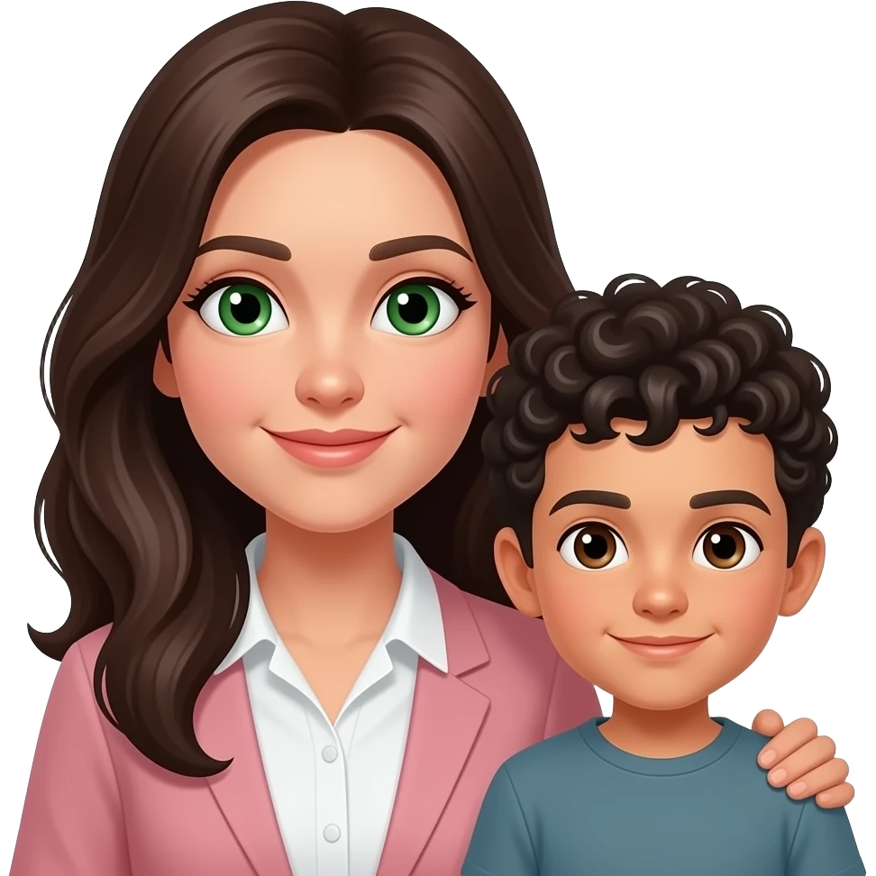 Mother with dark green eyes and son with  hair black curles and white skin and brown eyes emoji