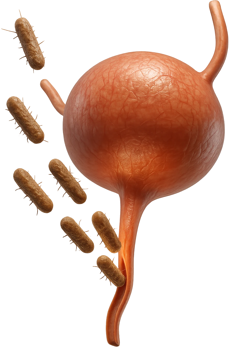 batteri intestinali che migrano ed entrano in una vescica anatomica realistica per infettarla, iperrealistico 4k emoji