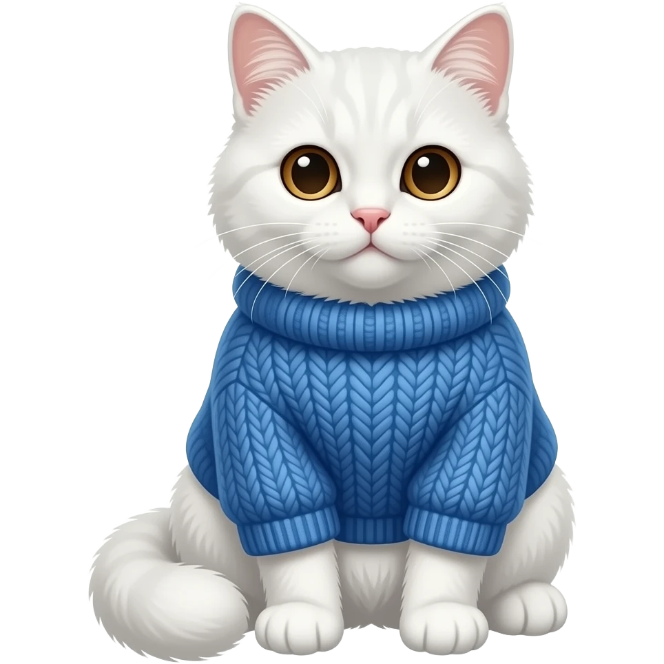 a sitting fluffy white cat with brown eyes in a blue sweater emoji