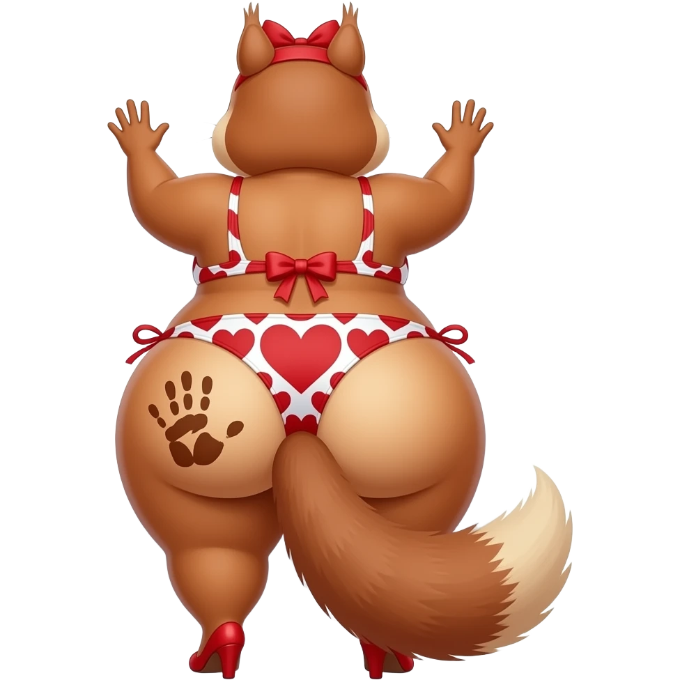 A tall really extremely obese heart shaped red and white bikini big booty bbl squirrel showing back its big thighs and buttocks while putting her hands behind the wall and it has a brown colored hand print on her left buttocks and it with a red bow tie on her head wearing red heels and on the left emoji