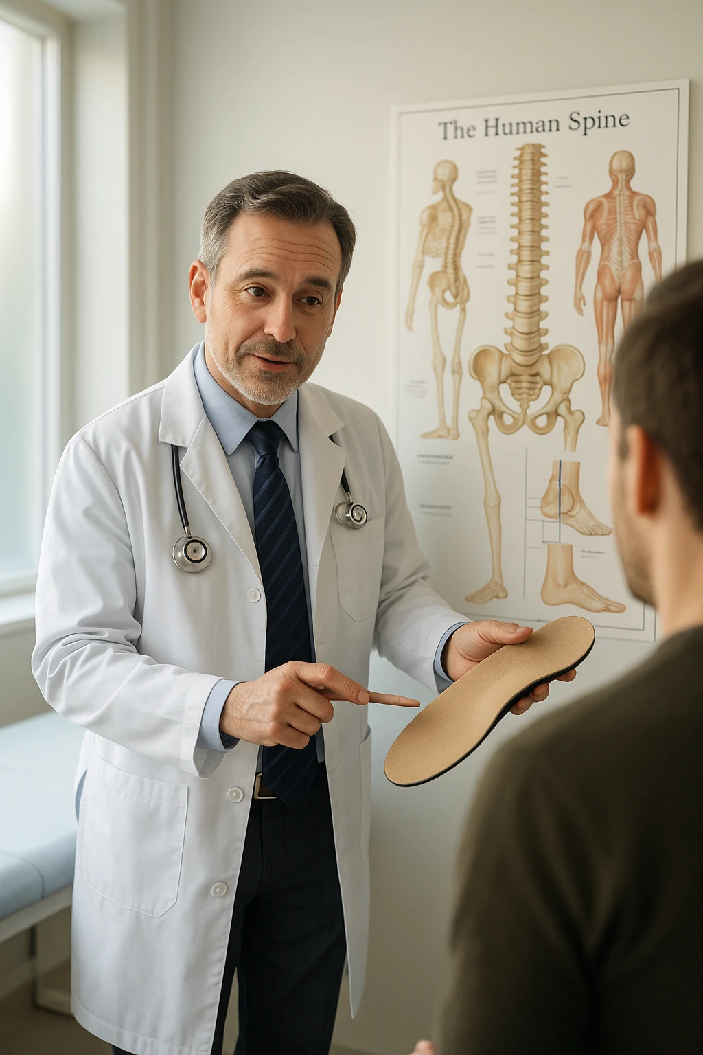 A realistic, cinematic illustration of a professional male doctor in his mid-40s, wearing a white coat, calmly explaining to a patient the benefits of using orthopedic insoles (plantari) for posture correction. The doctor holds a custom insole in his hand while pointing gently to a detailed anatomical poster showing the human spine, pelvis, and feet, illustrating the connection between foot alignment and posture. The setting is a bright, clean medical office with soft natural lighting, a treatment table, and educational anatomical charts in the background. The patient, seen from behind, listens attentively, while the doctor maintains a warm, knowledgeable expression, emphasizing preventive care and body alignment through plantar support. The scene feels trustworthy, modern, and health-focused. emoji