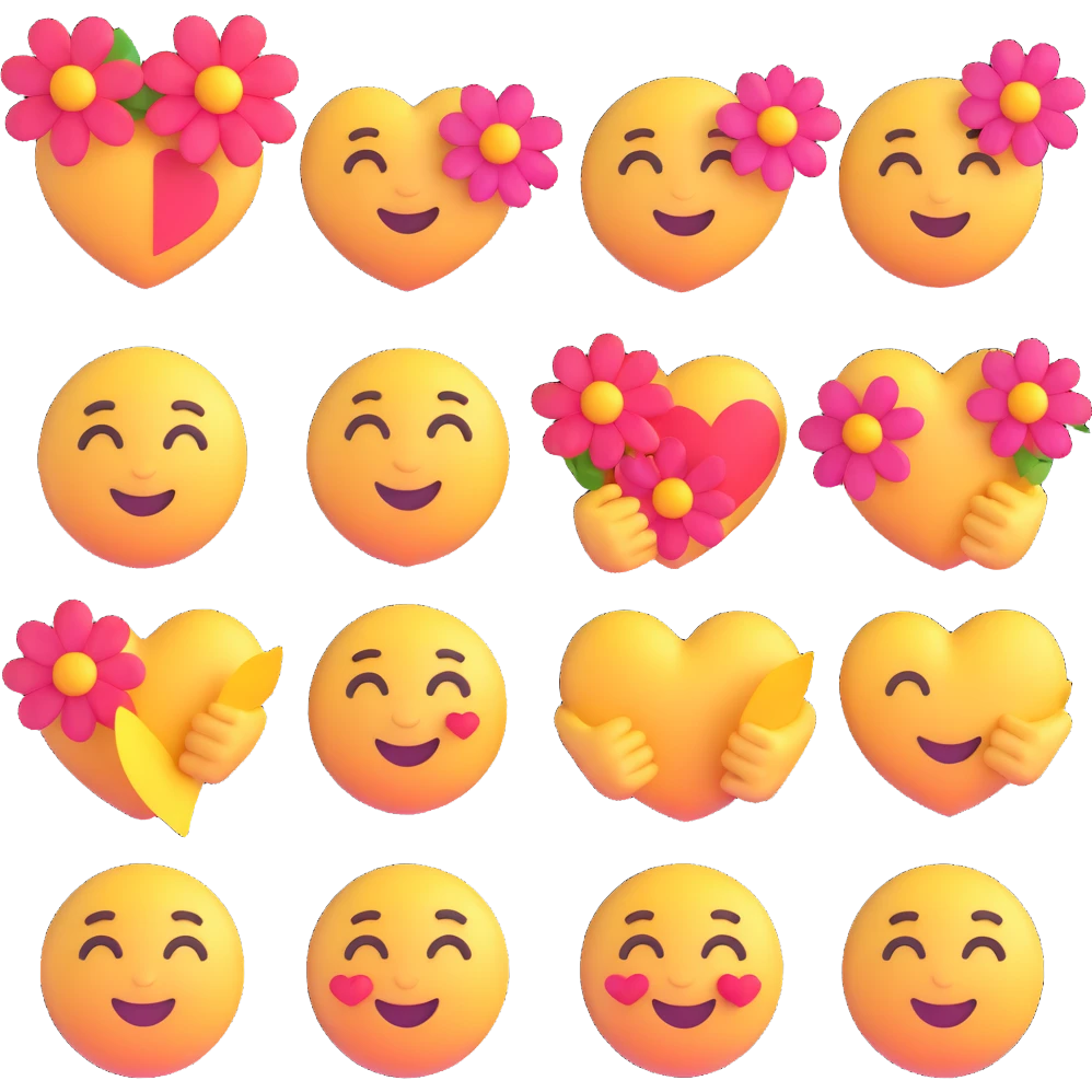 cute, happy, mostly bodyless round 3D emojis with motifs: heart, hug, kiss, flower, gift, loving eyes, peck, handshake, love letter, all smiling, friendly, romantic, transparent background, standard emoji size, 8 different variations emoji