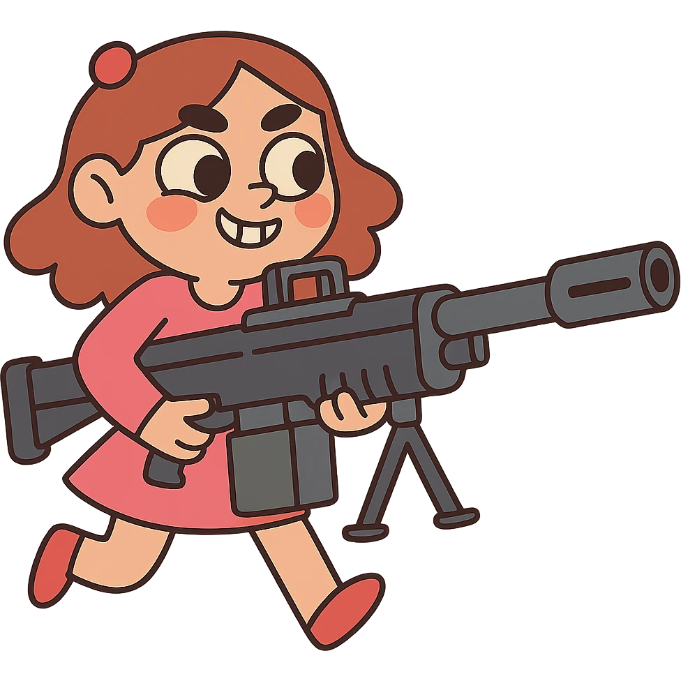 funny, positive stalker girl named Businka with a huge machine gun emoji
