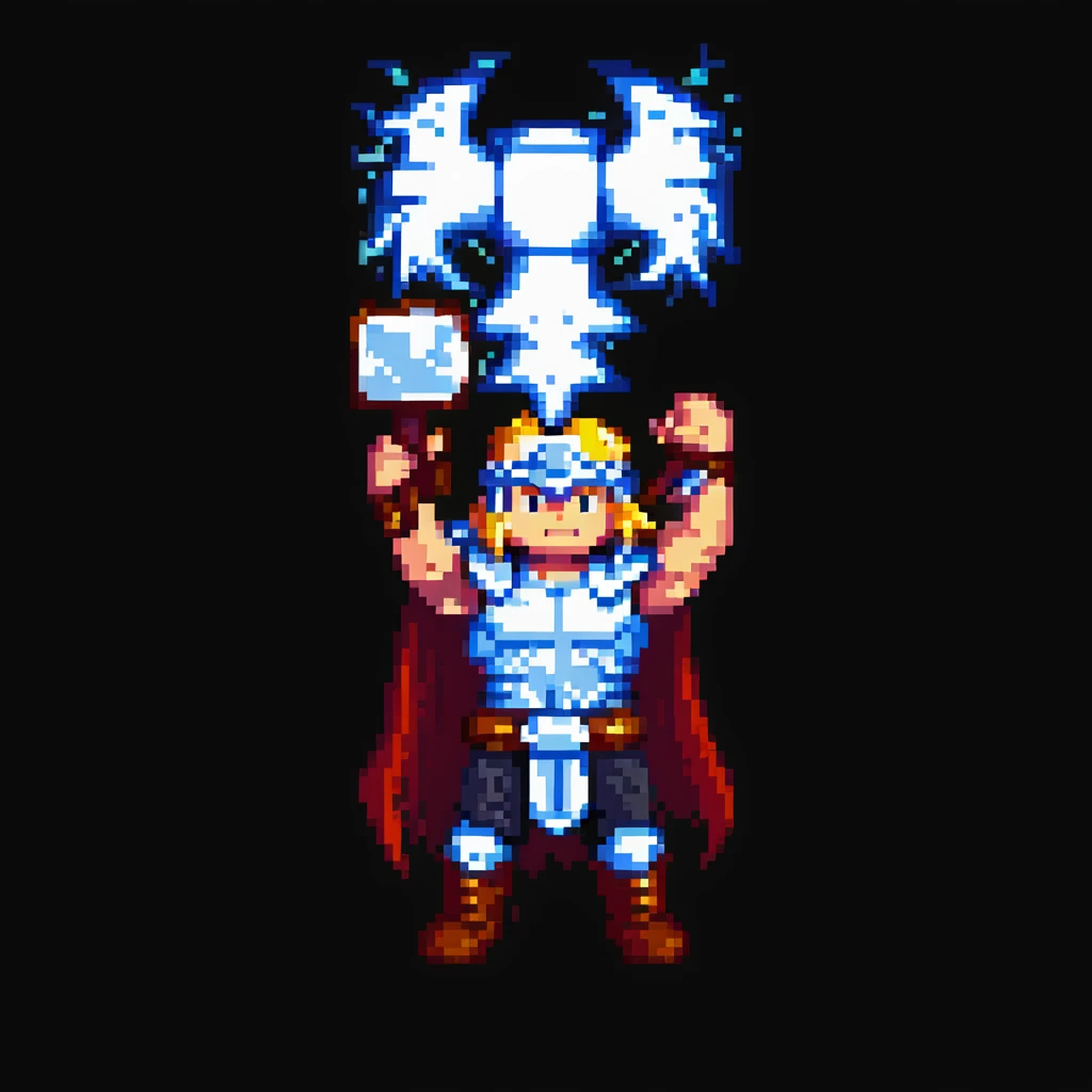 Thor in pixel art style, holding Mjolnir, lightning effects, simple background emoji