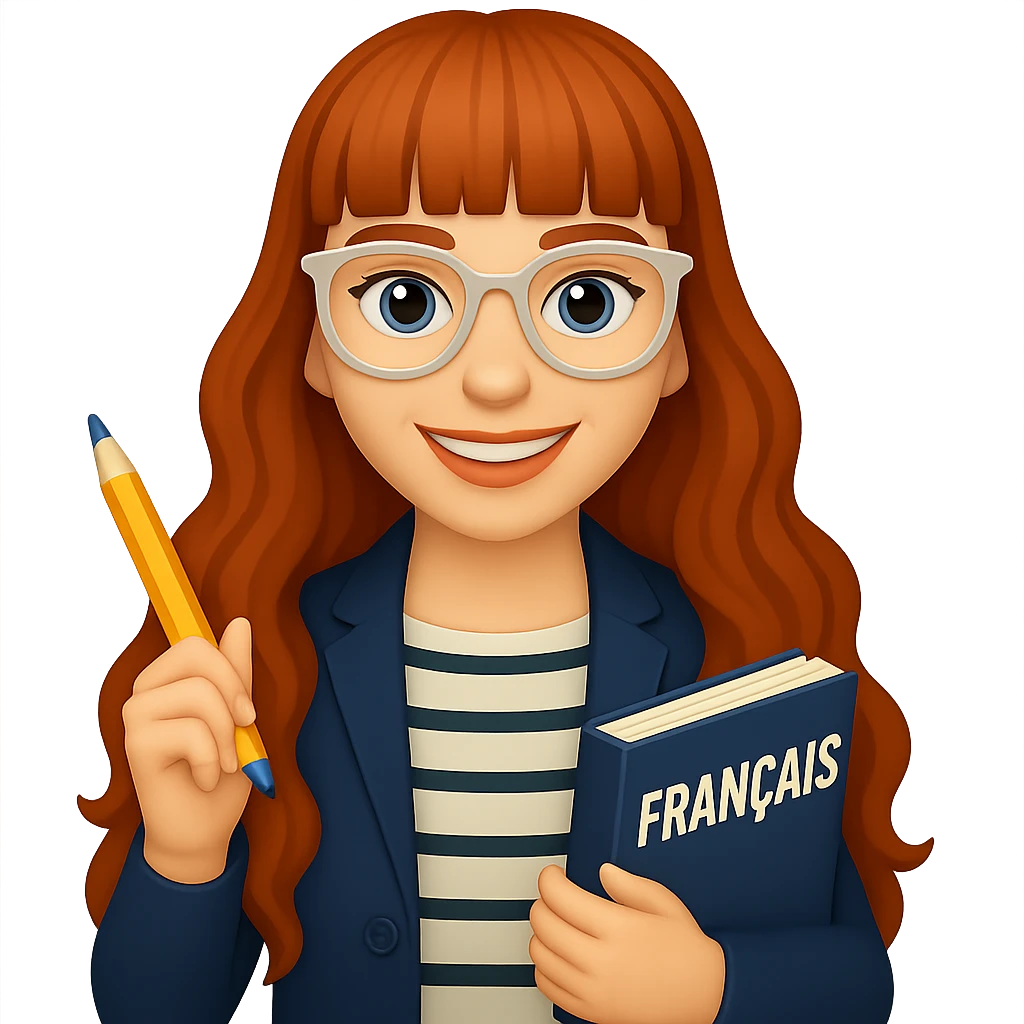 Add straight bangs to her hairstyle, keep her hair very long and wavy, clear-framed glasses, French teacher in a casual chic outfit, holding a pencil and a French textbook, smiling. The style should resemble emoji style. Remove background. emoji