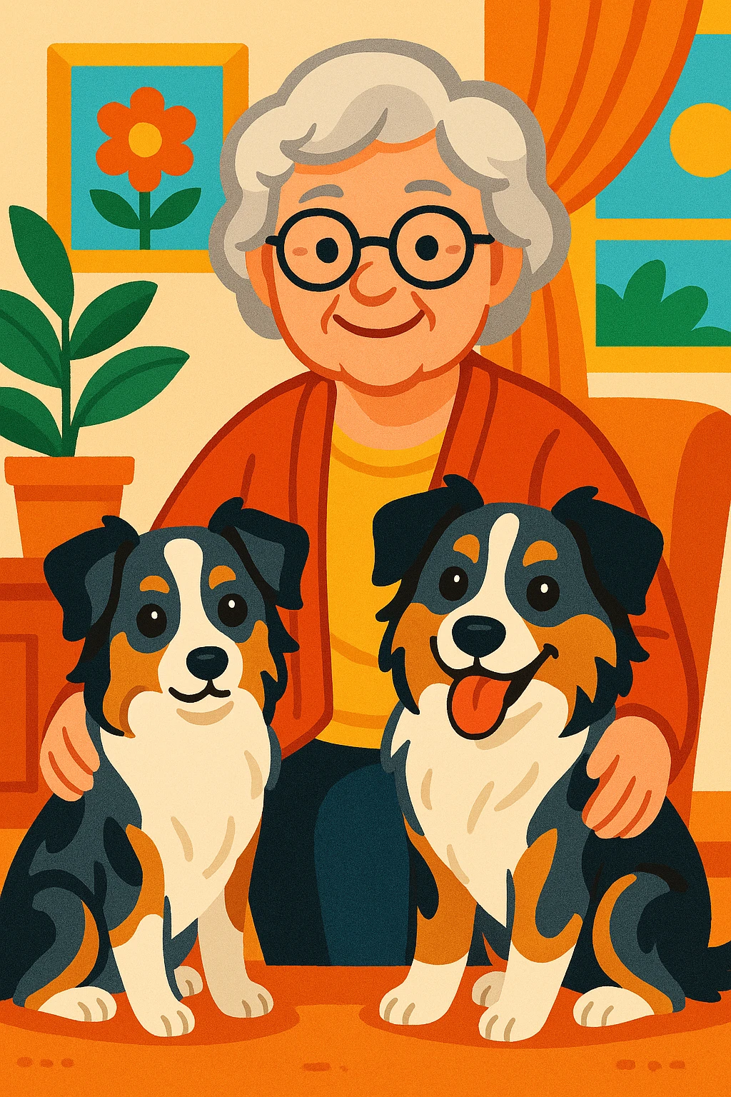 warm, friendly illustration of a grey-haired woman with two mini Australian shepherds, one dainty female and one boyish male, all in a cozy, cheerful scene emoji