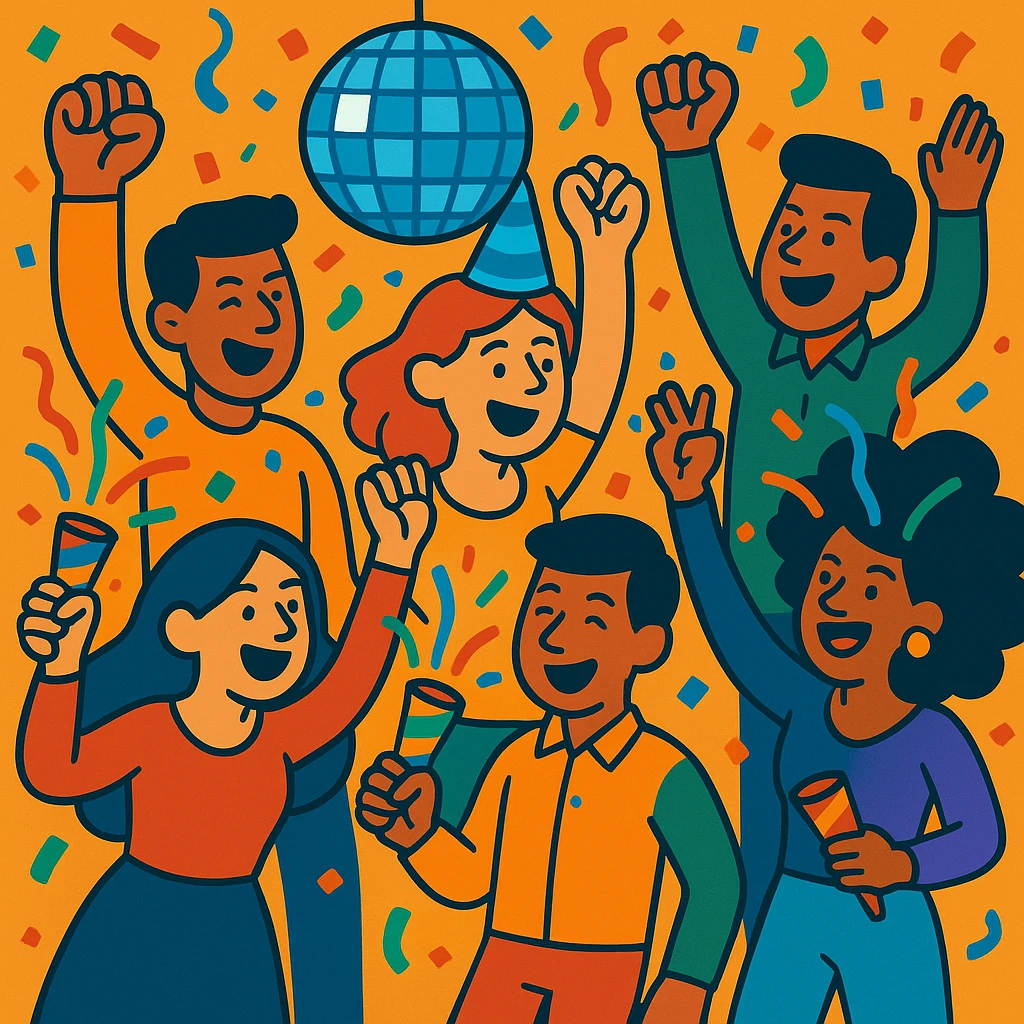 A group of friends at a party, some holding party poppers, vibrant cartoon style, with a disco ball overhead. emoji