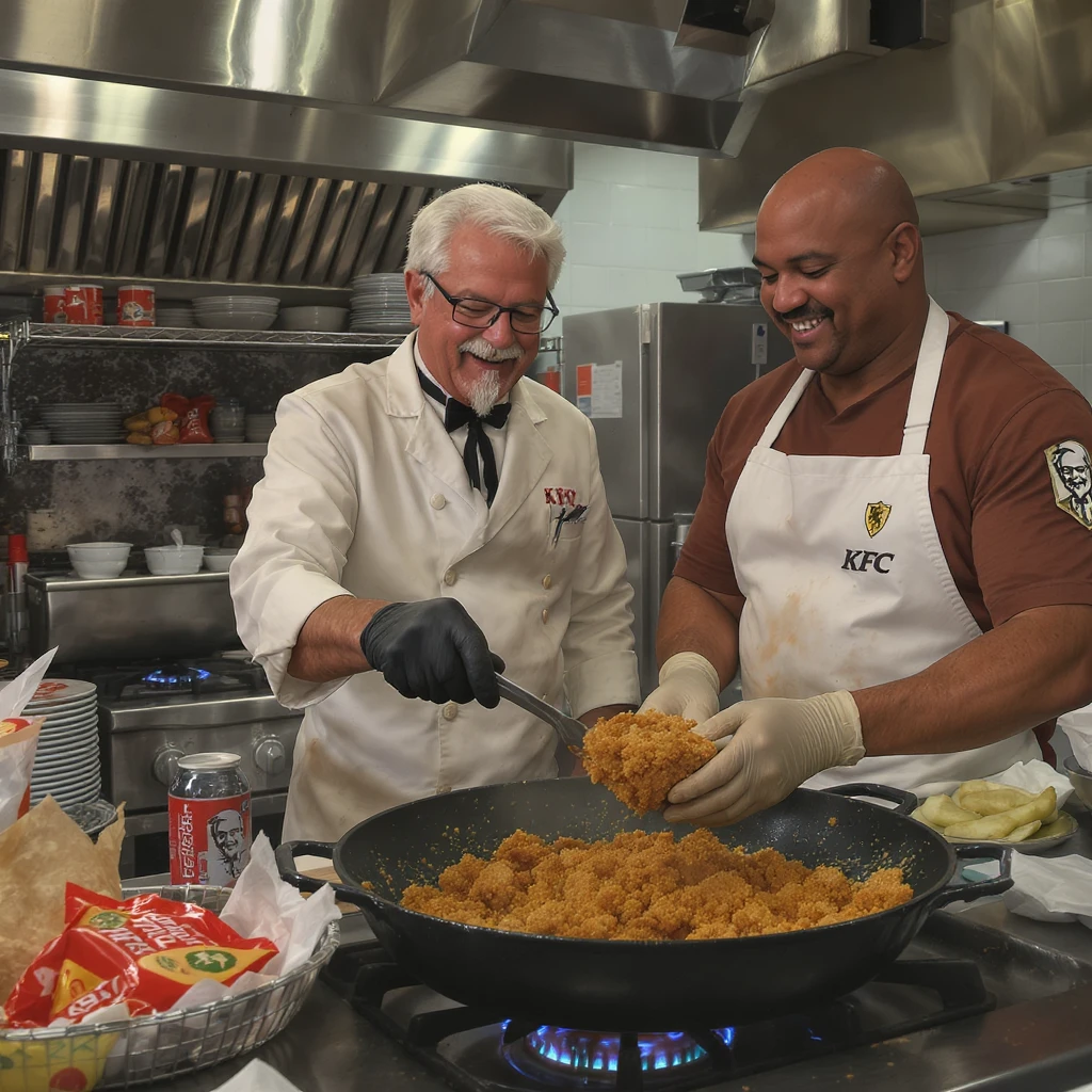 kentucky fried covenant from Halo:CE being cooked and taste tested by Colonel Sanders [aka the KFC man] and JOHN-117 MASTER CHIEF emoji