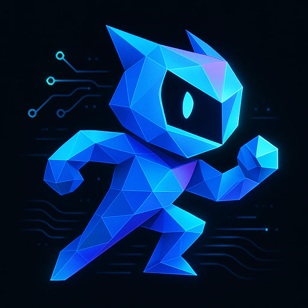 modern abstract mascot with geometric forms, subtle tech elements like circuit lines and digital waves, sense of movement, neon gradients and glowing accents in blue cyan and purple on black background, clean professional energetic creative tech portfolio emoji