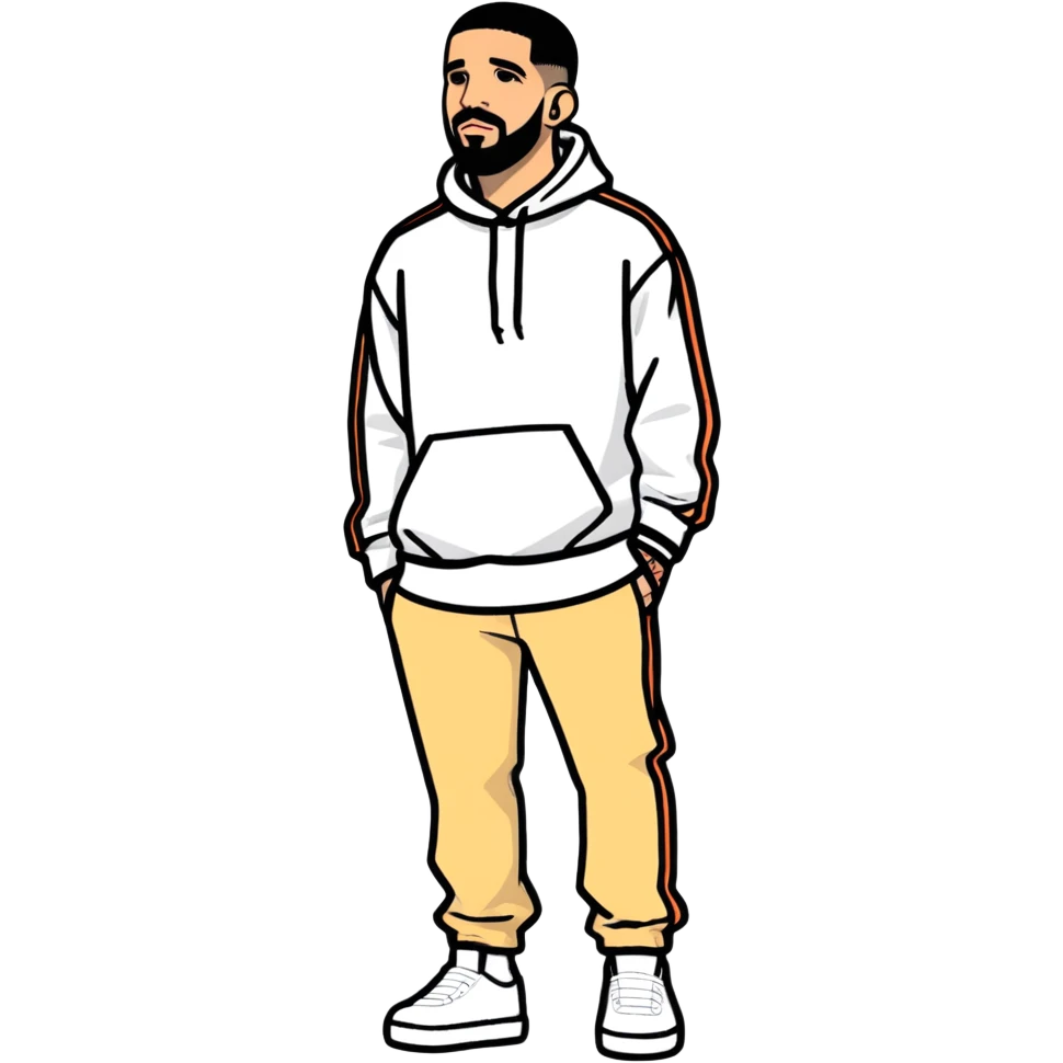 8k, 5000x5000px, 1.5wx1.5h, clean, smooth lines, no background. Canadian Celebrity, actor, rapper, digital illustration, full body view of 2020,  Drake emoji