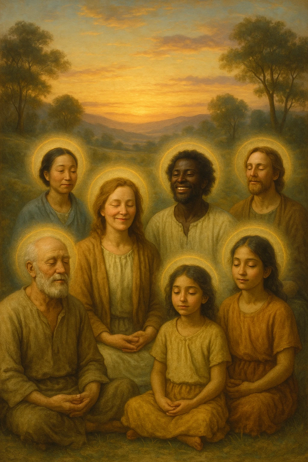 a diverse group of people of different ages and backgrounds sit together in a peaceful natural setting at sunrise, each with serene, joyful expressions. Subtle auras or soft light halos surround them, symbolizing spiritual awakening and inner harmony. The background features gentle hills, trees, and a glowing sky, evoking unity and connection. realistica italiano emoji